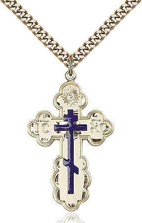 Gold Filled Orthodox St. Olga Cross Pendant with Blue Center - Large