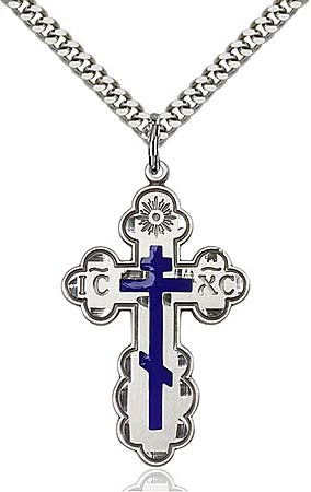 Sterling Silver St. Olga Orthodox Cross Pendant with Blue Center - Large