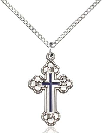 Sterling Silver & Blue Russian Orthodox Cross Pendant - Small