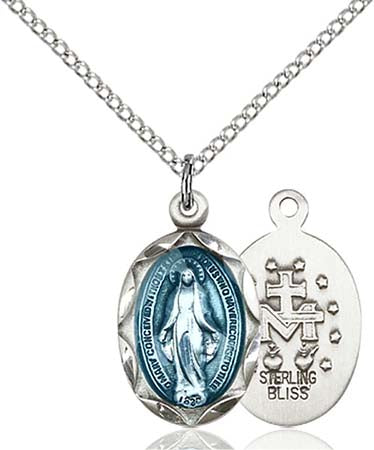 Medium Sterling Silver & Blue Miraculous Pendant with Scalloped Edge