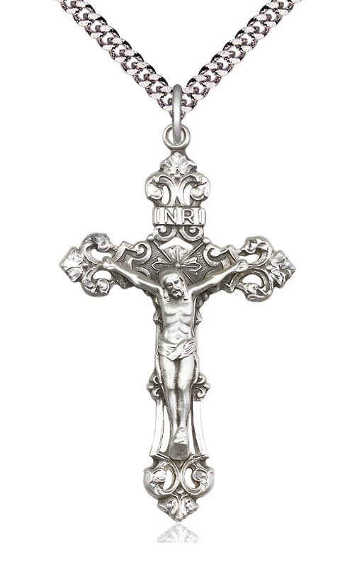 Sterling 1-7/8 Scrolled Edge Crucifix Pendant 0647SS/24S