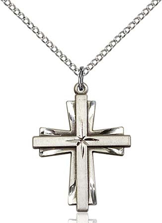 Sterling Silver Double Cross with Starburst Center Pendant - Medium