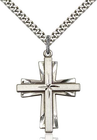 Sterling Silver Double Cross with Starburst Center Pendant - Large