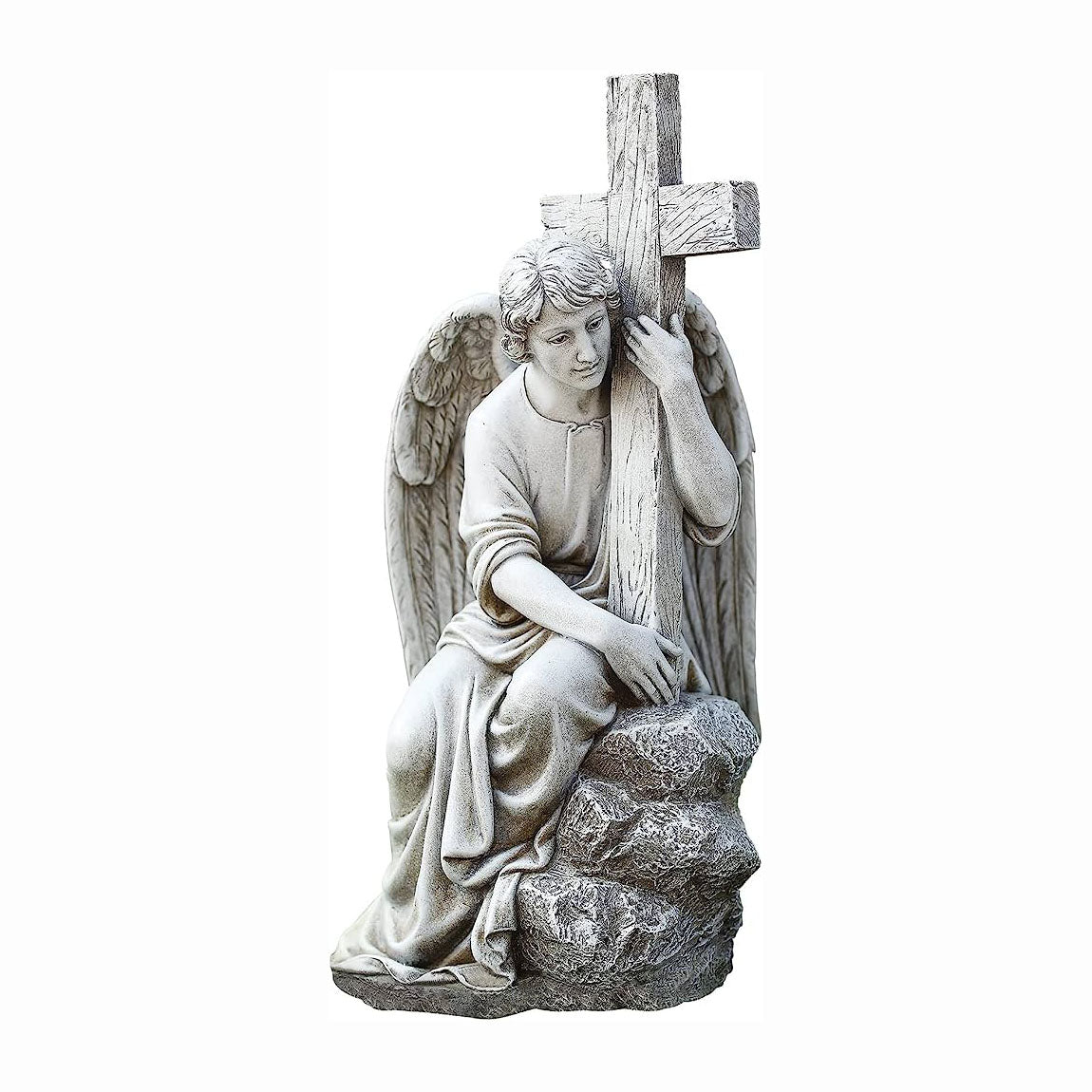 Seated Male Angel with Cross Garden Statue - 13 inches tall