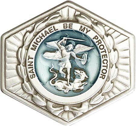 Antique Silver Blue Epoxy St. Michael the Archangel Badge Visor Clip 1023EV