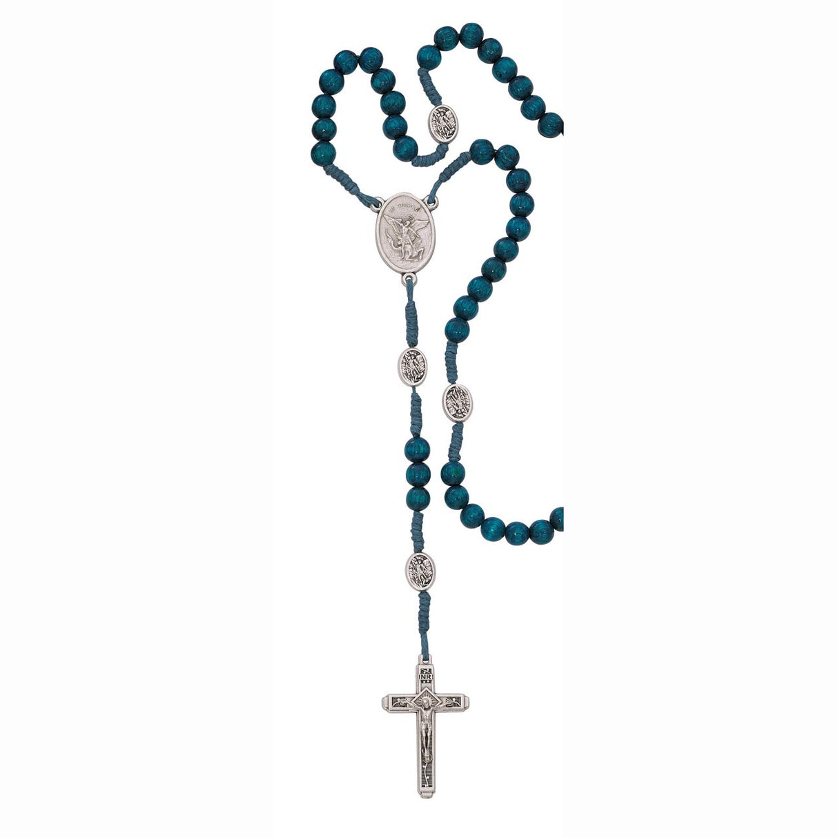 St Michael Blue Wood Cord Rosary Carded P268C