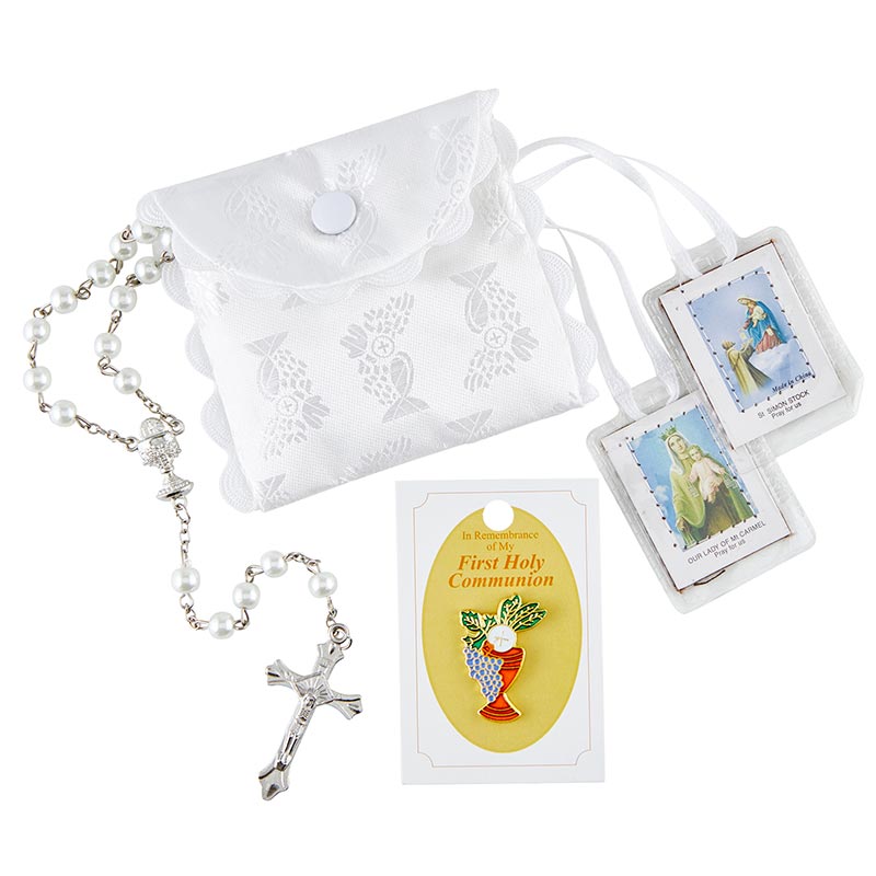 First Communion White Satin Case & Rosary Set J5602
