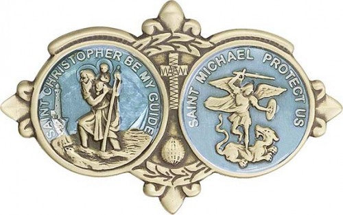 Blue Epoxy Antique Gold St Christopher / St Michael Visor Clip  1034EVG