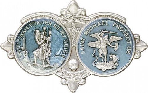 Blue Epoxy Antique Silver St Christopher / St Michael Visor Clip 1034EV