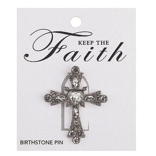 Heart Center Cross Lapel Pin April Birthstone