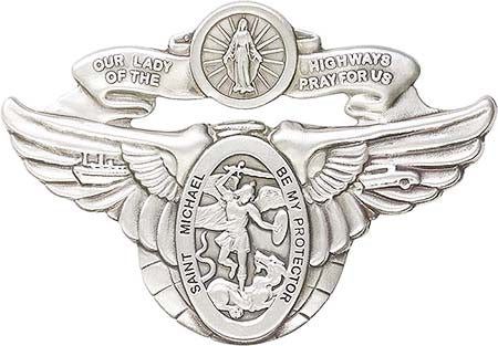 Antique Silver St. Michael & Our Lady of the Highway WInged Visor Clip 1071V