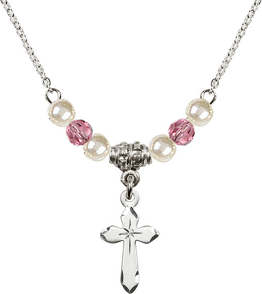 Cross Necklace with Faux Pearls & Pink Crystals N03PRRO-2529PWS