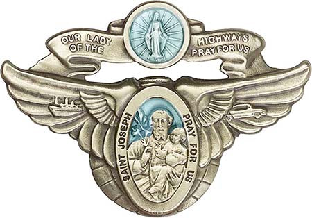 Antique Gold Our Lady of the Highway/St Joseph Blue Epoxy Visor Clip 1091EVG