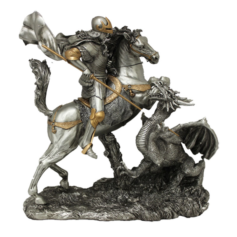 Saint George with Dragon Statue in Pewter and Gold Finish - 12 inches tall
