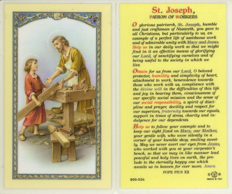 Saint Joseph the Worker Holy Card - with Prayer of Pope Pius XII