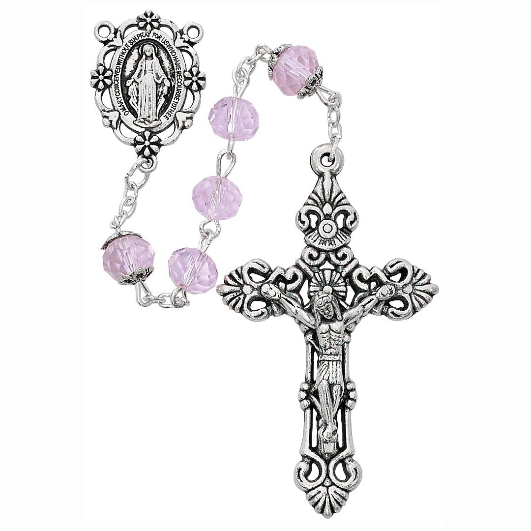 8mm Pink Sun-Cut Bead Rosary P364F
