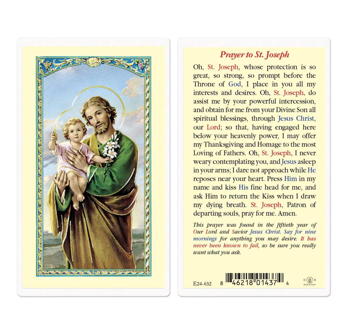 Saint Joseph Holy Card with 9 day Novena E24-632