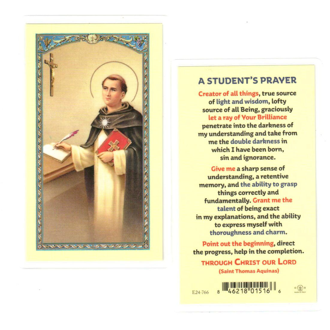 Saint Thomas Aquinas Holy Card - Student Prayer - 800-290