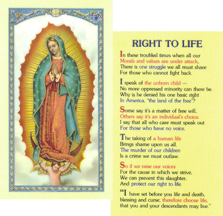 Our Lady of Guadalupe Holy Card - with Right to Life Prayer