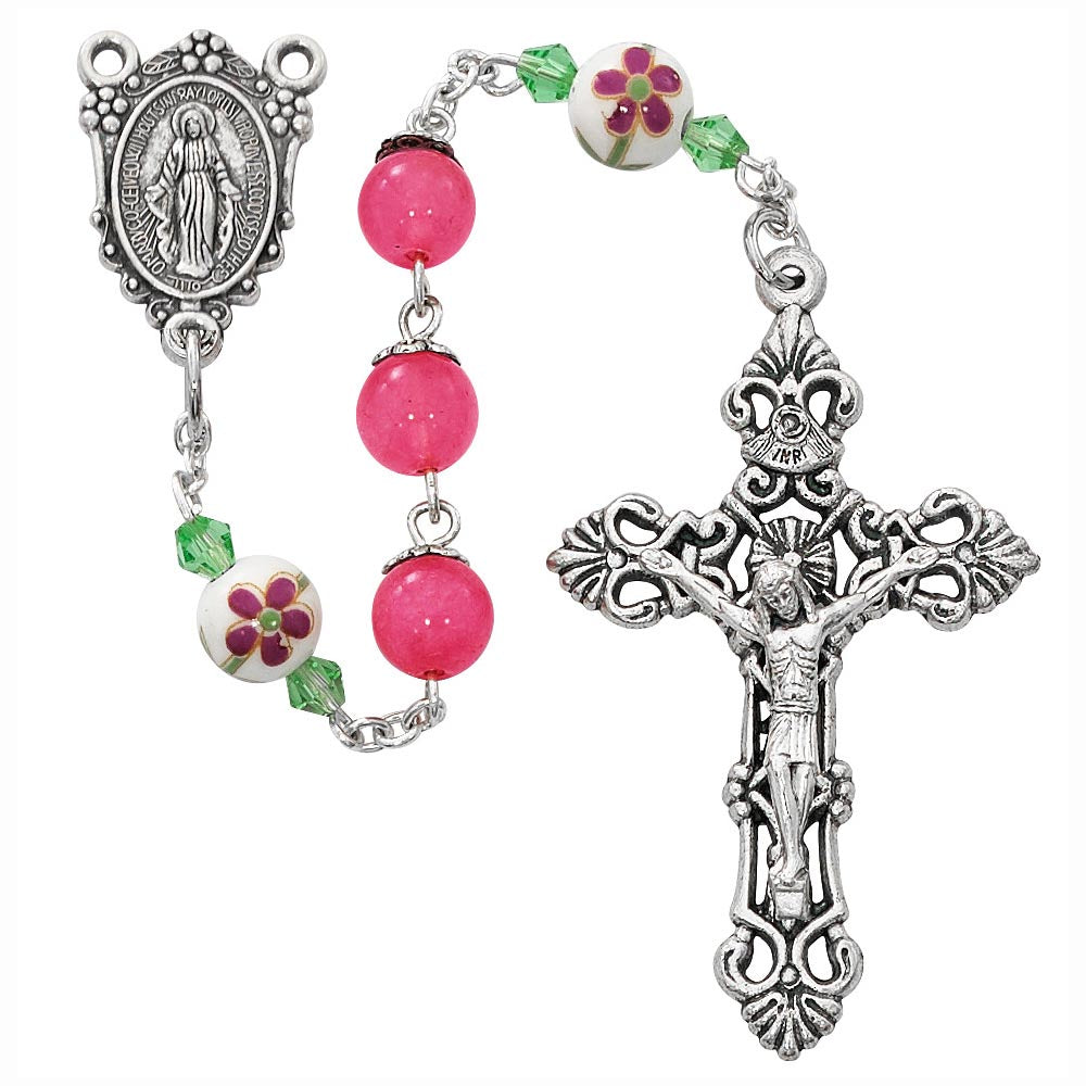 Pink Glass & Ceramic Flower Bead Rosary
