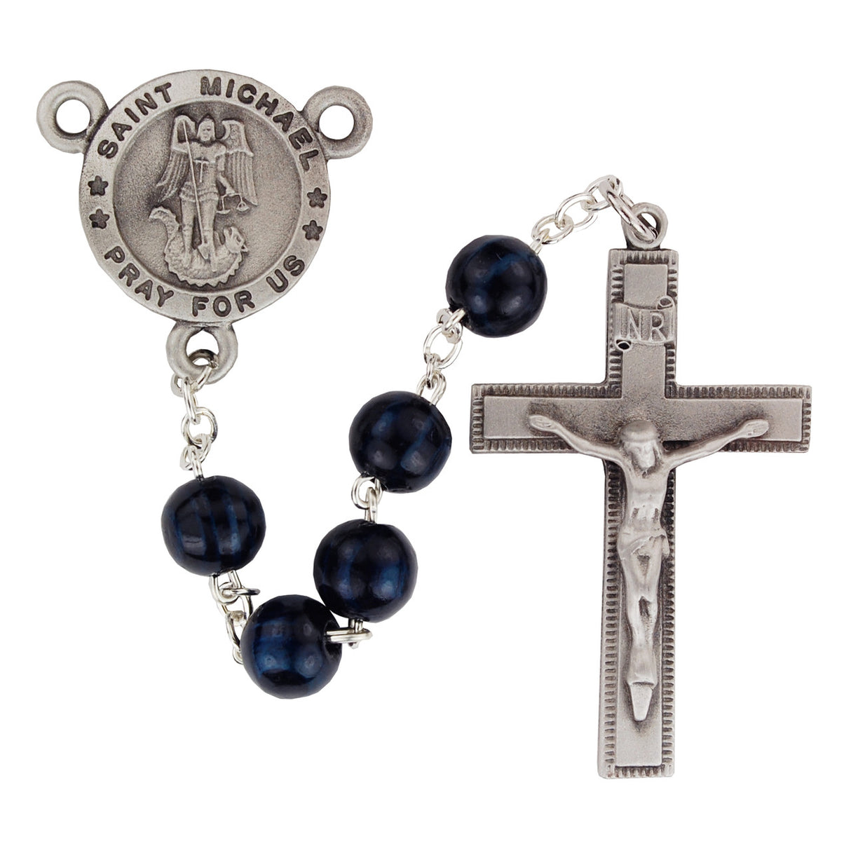 8mm Navy Blue Wood St Michael Rosary R739F
