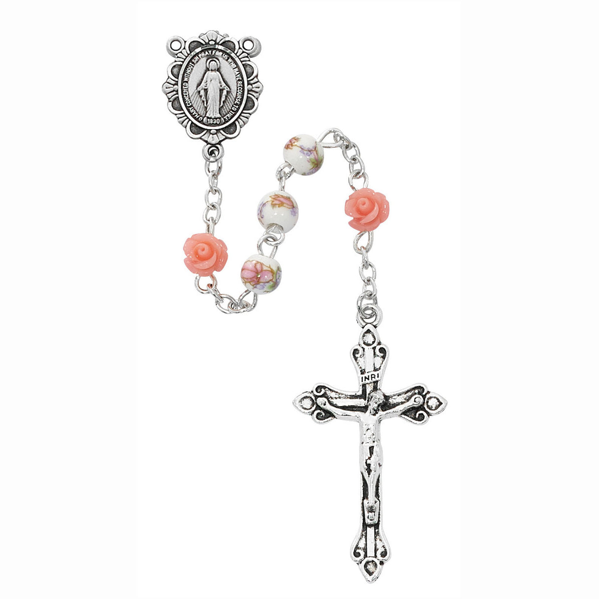 Pink Flower and Ceramic Bead Rosary R870F