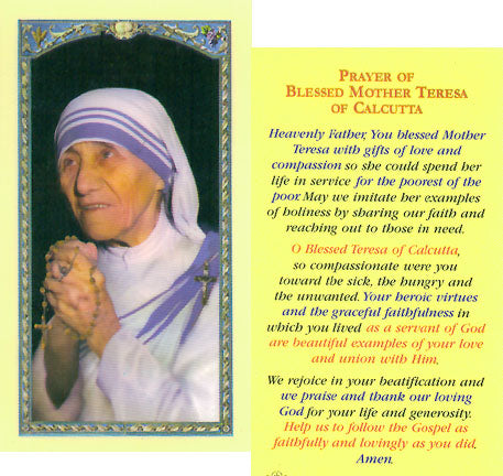 Saint Mother Teresa of Calcutta Prayer Card
