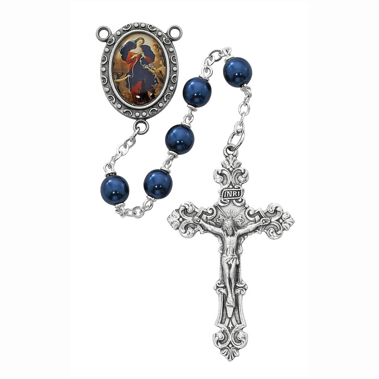 Our Lady Undoer of Knots Blue Pearl Rosary with Photo Center