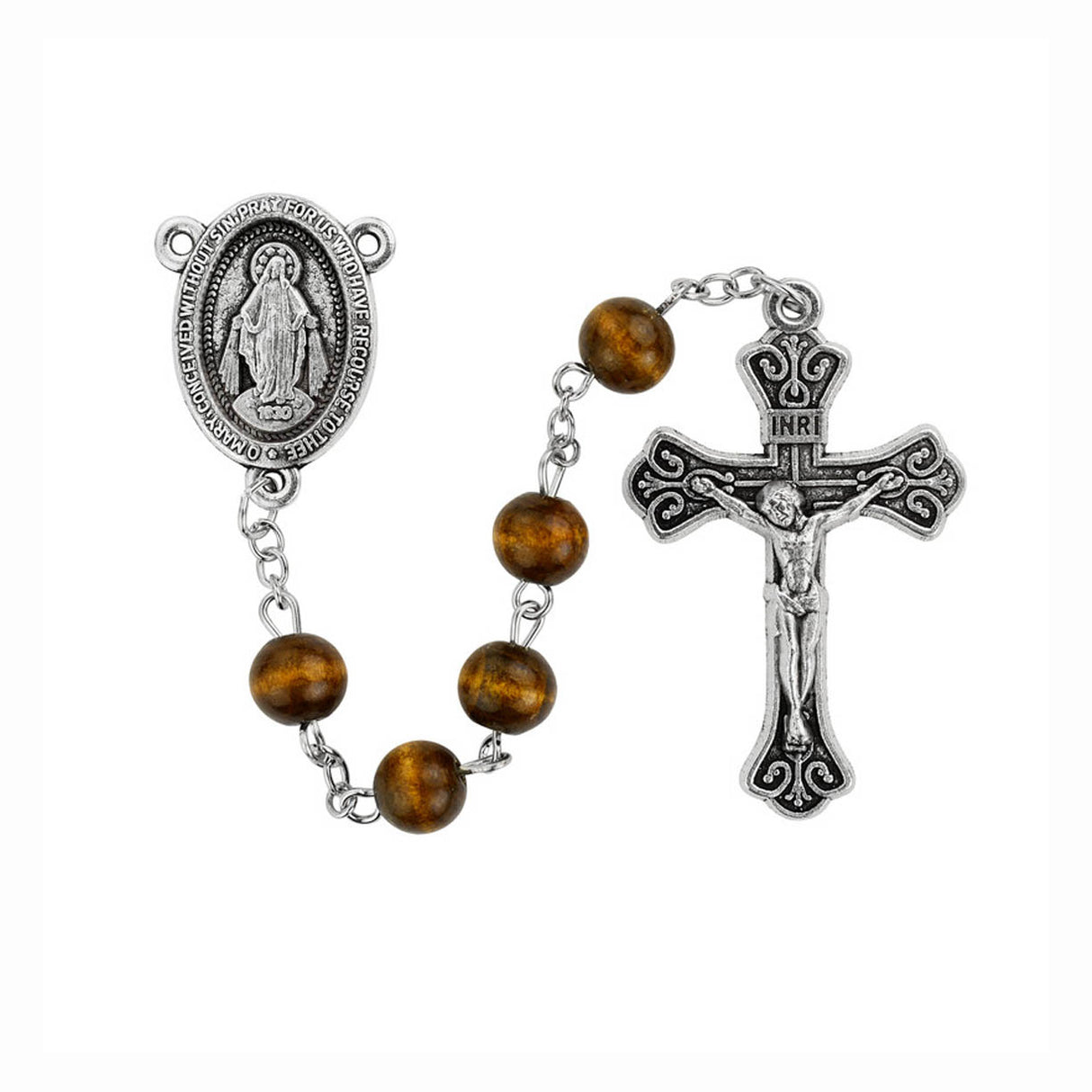 8mm Brown Wood Miraculous Rosary P525R