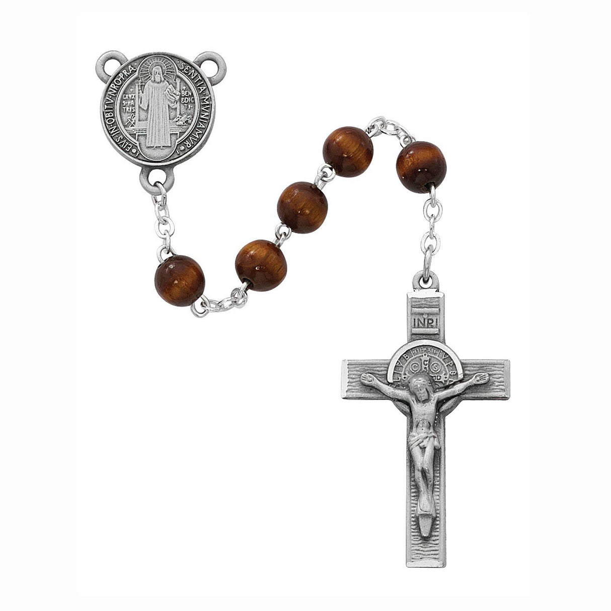 7mm Pewter & Brown Wood St. Benedict Rosary
