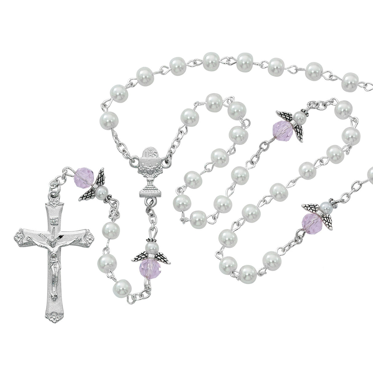 5mm White Pearl and Pink Crystal Angel Rosary for Girls