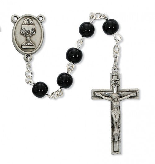 6mm Deluxe Black Glass Communion Rosary Beads
