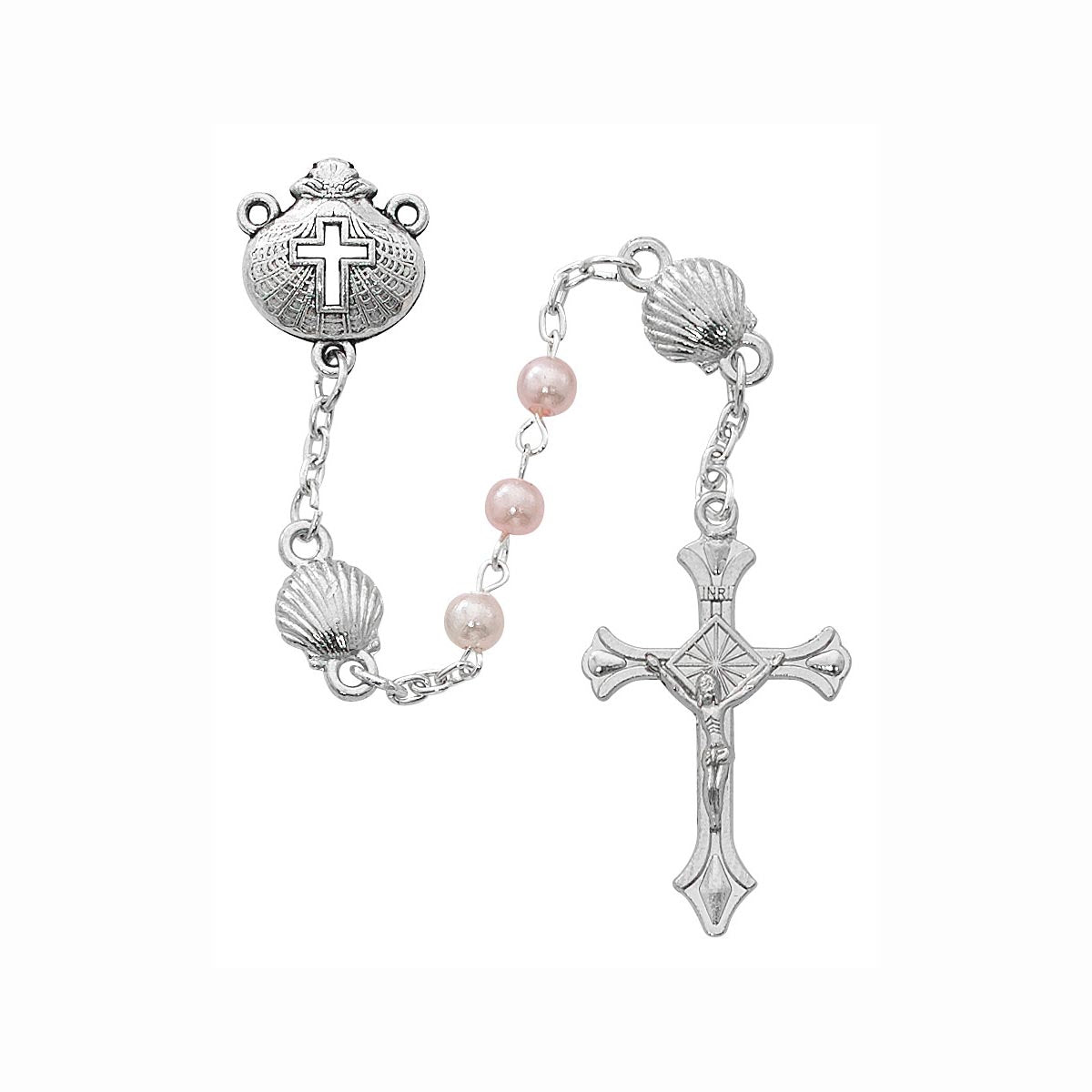 Pink Pearl Baby Rosary with Baptism Shell Medals