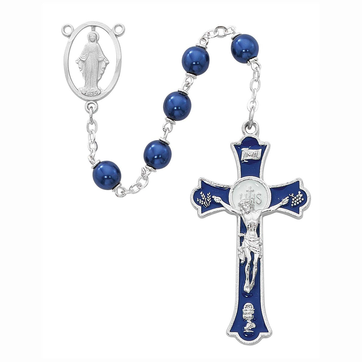 Holy Mass Crucifix Rosary with Deep Blue Pearlized Beads R556RF
