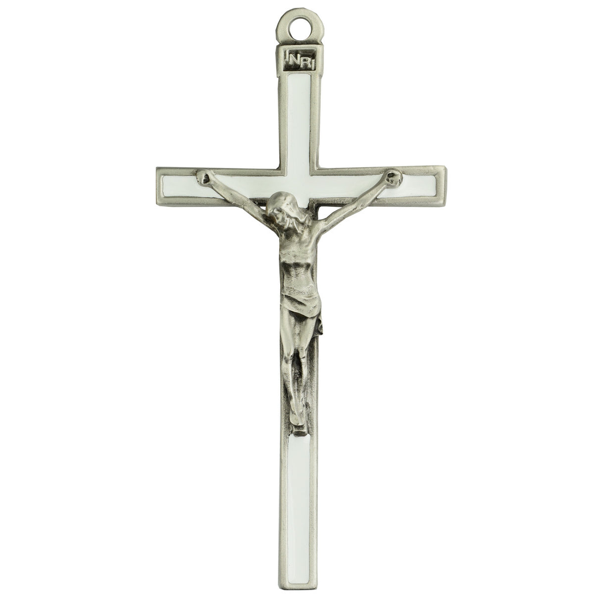 5 inch White Enamel Silver Crucifix