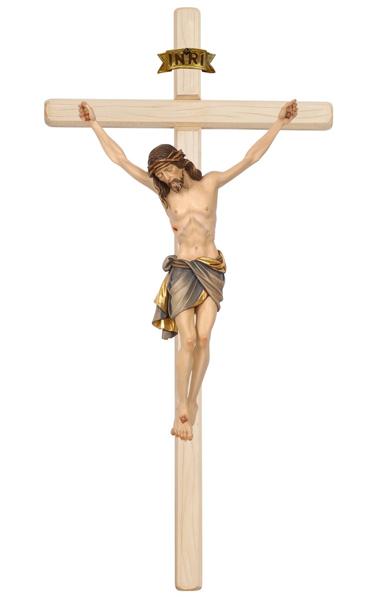 13.5 inch Wood Carved Siena Crucifix in Full Color Blue Sash