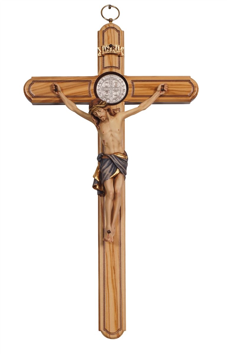 14 inch St.Benedict Crucifix with Handcarved Siena Corpus - Blue Sash