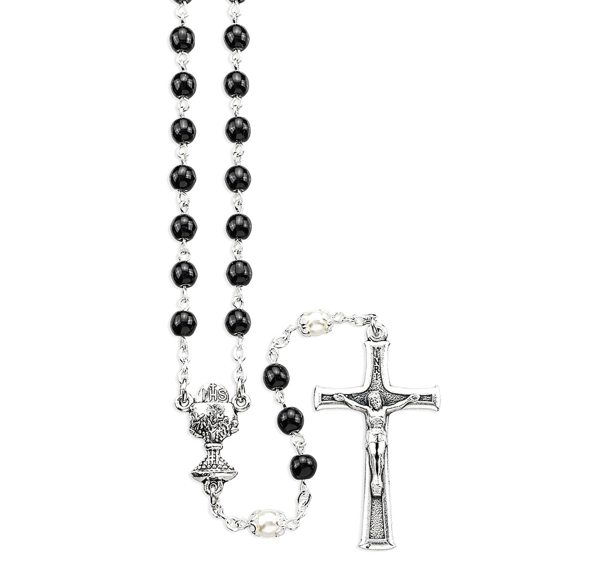 Boy's Communion 5mm Black & White Bead Rosary 80004