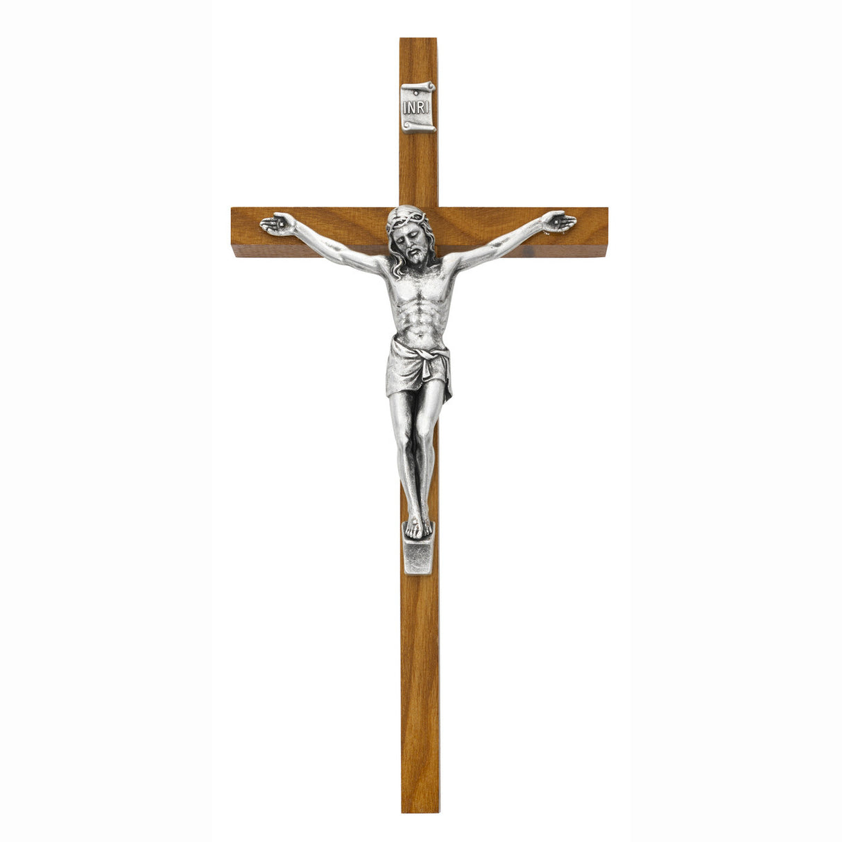 10 inch Walnut Wall Crucifix with Silver Finish Corpus 81-39