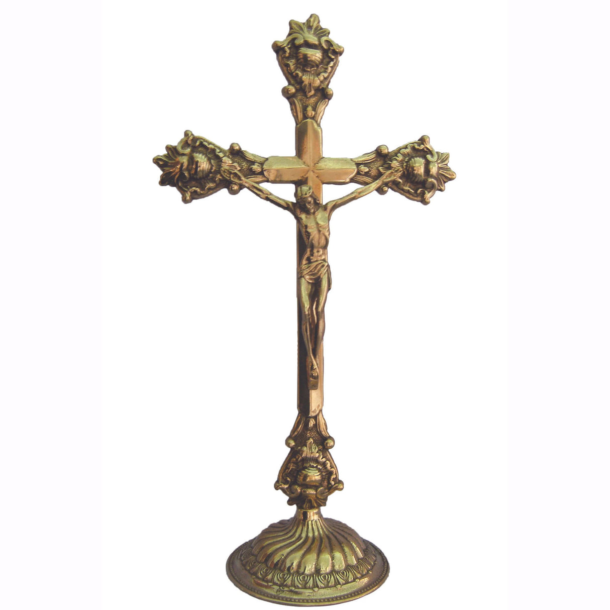 Standing Brass Crucifix with Round Base - 14 inches tall