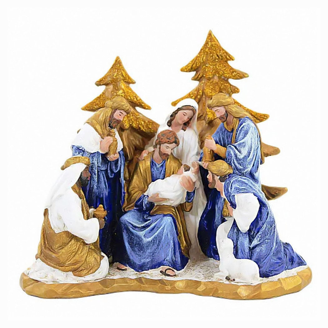 Blue Nativity Scene with Gold Trees Backdrop