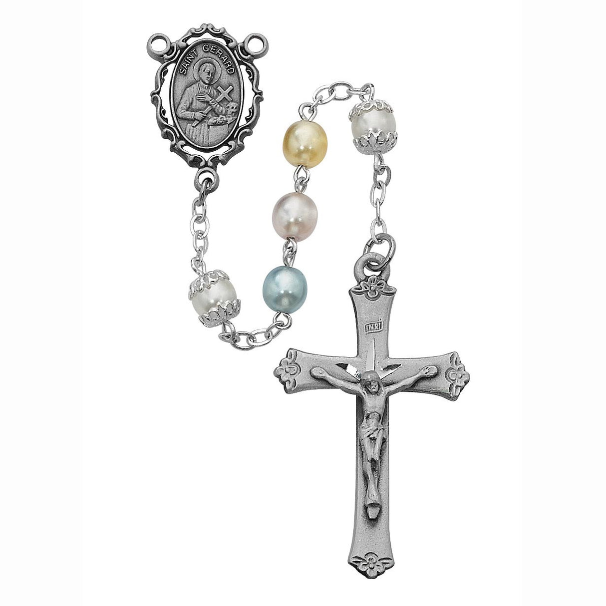 St Gerard Multi Pastel Pearl Bead Rosary R420DF