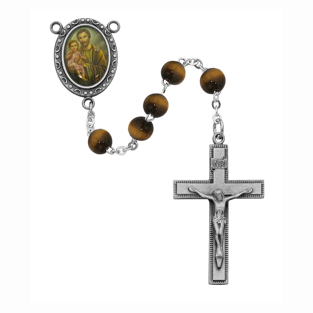 St Joseph Tiger Eye Bead Rosary with Photo Center