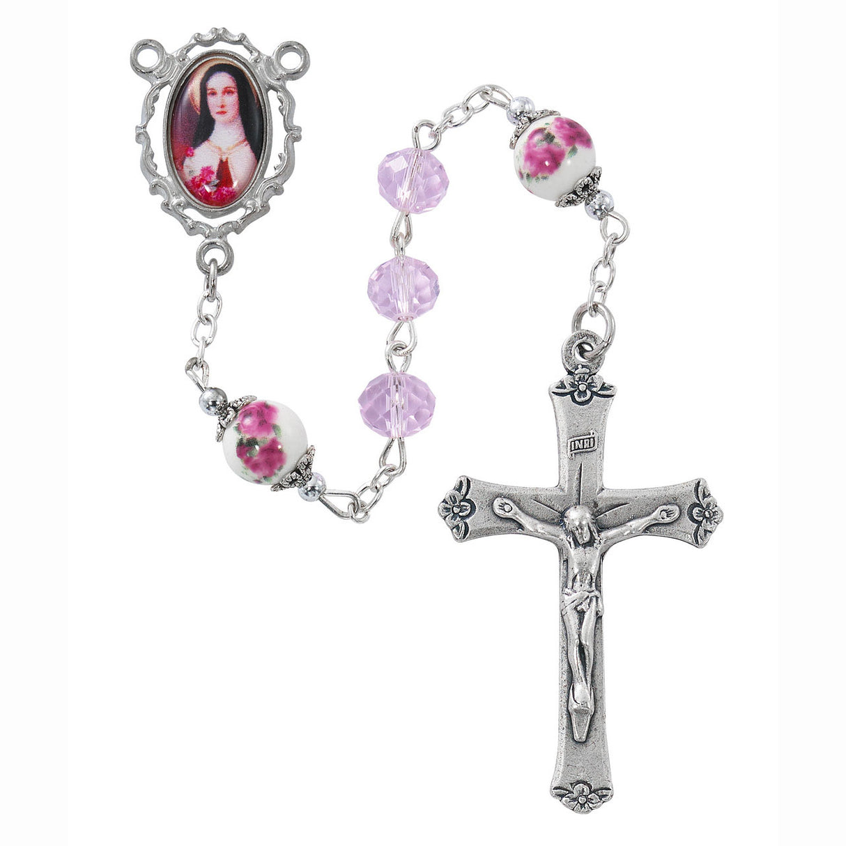 Pink Crystal and Flowered Our Father Bead St. Therese Rosary