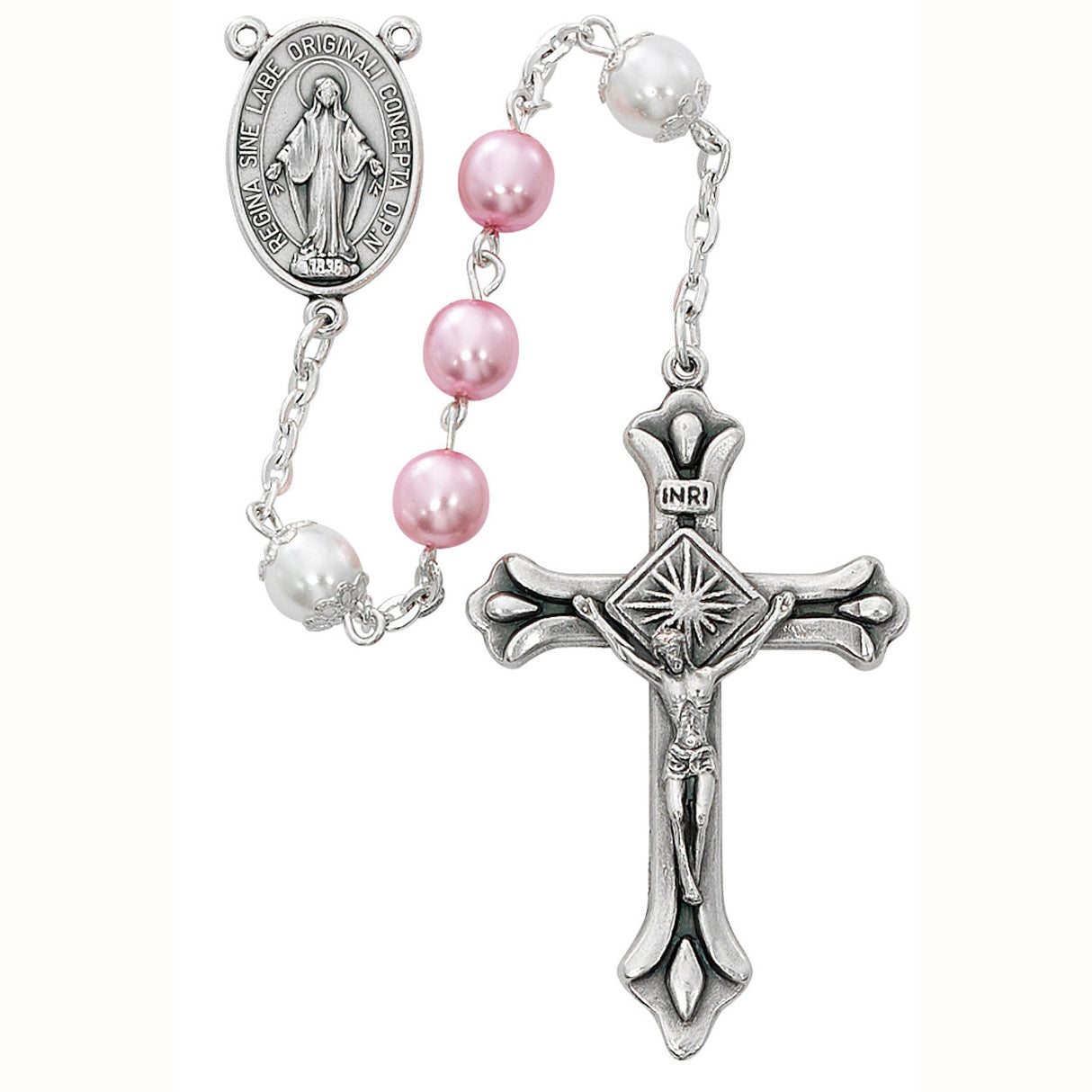 7mm Pink Pearl Rosary with White Capped OF Beads