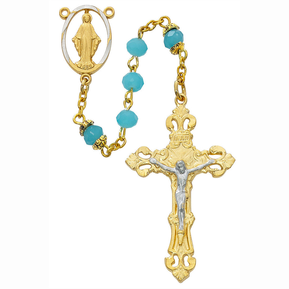 6mm Aqua Bead and Gold Plated Rosary R710HF