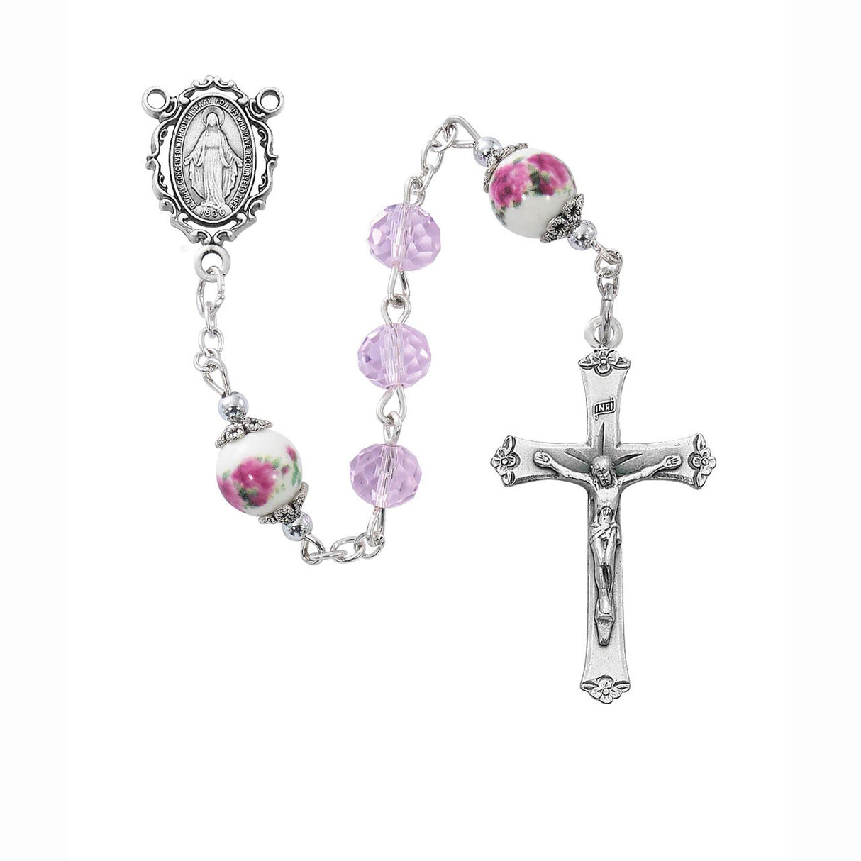 Pink Crystal and Flowered Our Father Bead Miraculous Rosary