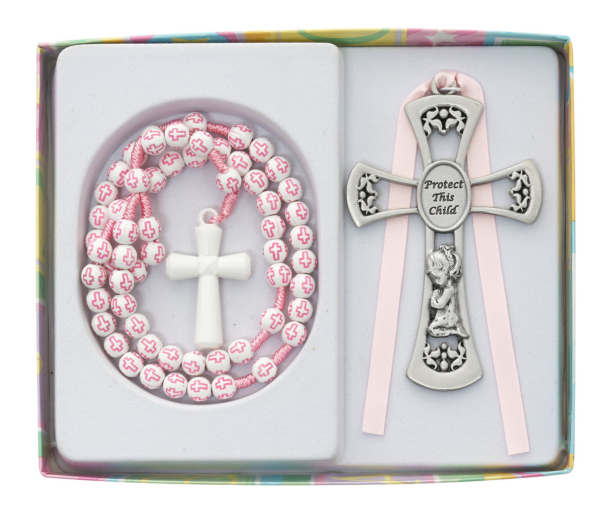 Pink Wood Rosary and Cross Set for Baby BS64