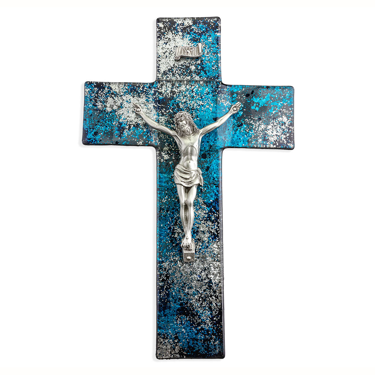 10 inch Blue Glass Crucifix with Pewter Corpus 26P-10SC11