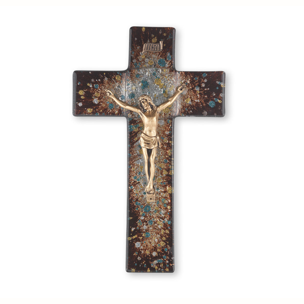 Brown Stained Glass Wall Crucifix with Gold Finish Corpra
